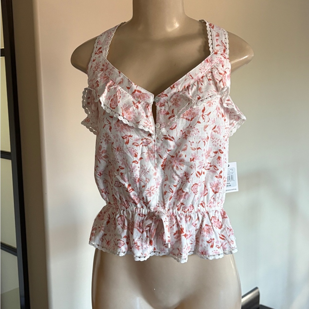 Floral Ruffle Trim Top - White and Pink